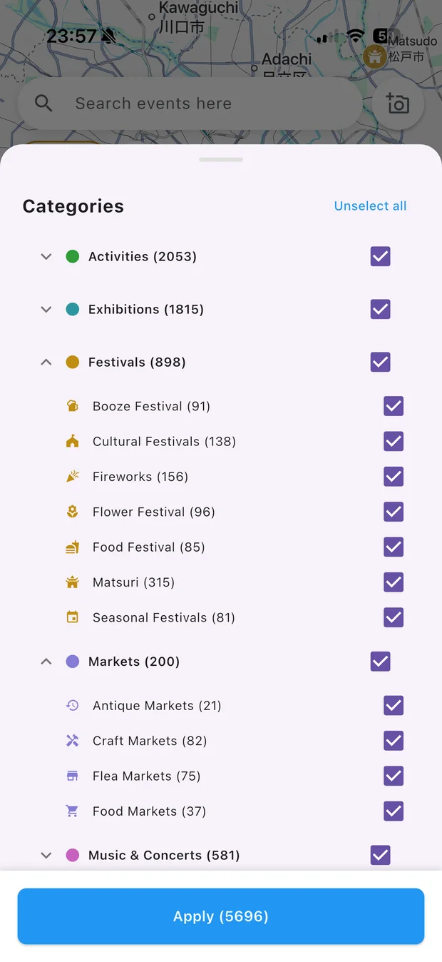 Category picker with activities, exhibitions, festivals, markets and music