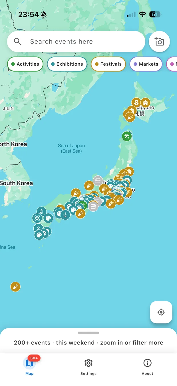 Eventory app showing event pins across a map of Japan with category filter chips